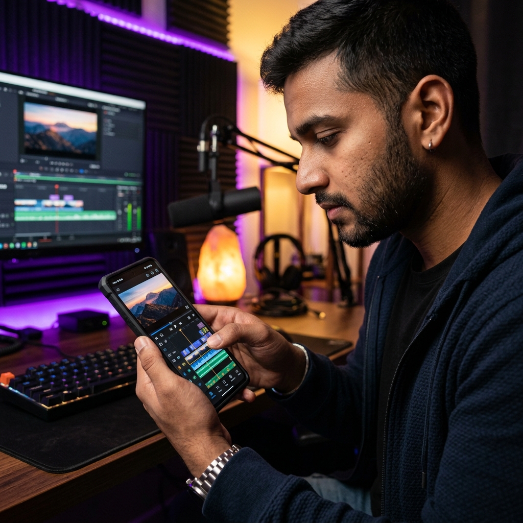Boy editing video on mobile with InShot app